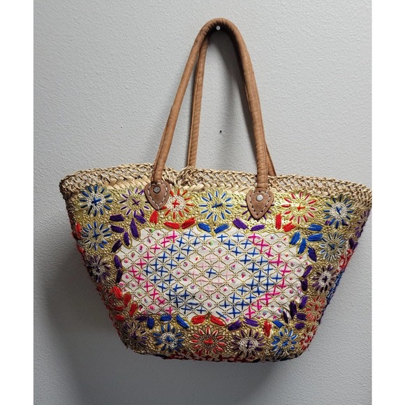 Handmade Handbags - Vtg Straw Hand Woven Large Tote Bag Embroidered